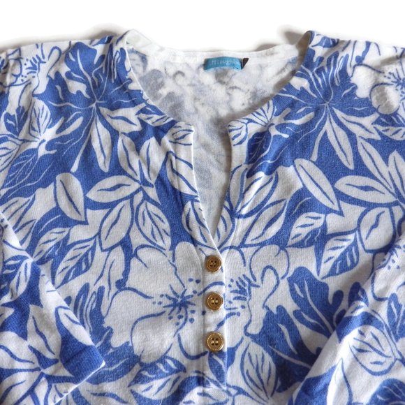 J Mc Laughlin/ Open Neck Knit Top/ Blue & White Floral/Cotton Blend/Buttons/ M - Picture 2 of 5